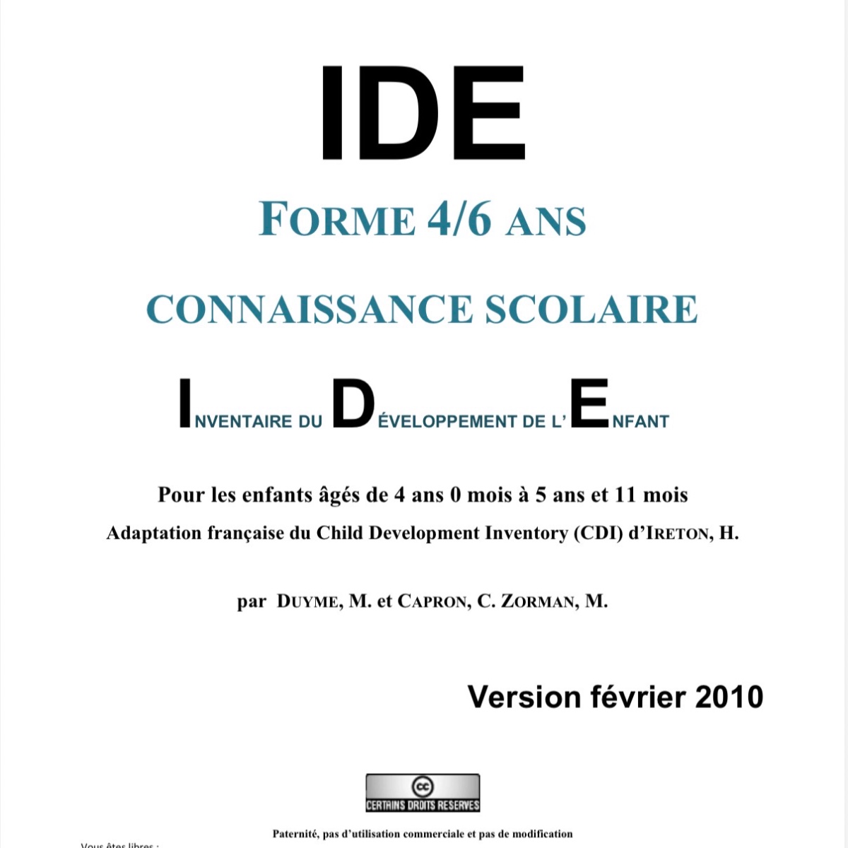 Inventaire du Développement de l’Enfant - Forme 4/6 ans - Connaissance Scolaire